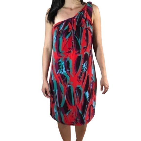 Bcbgmaxazria one shoulder coral passion midi dress 100% silk Size 4 - Picture 7 of 17